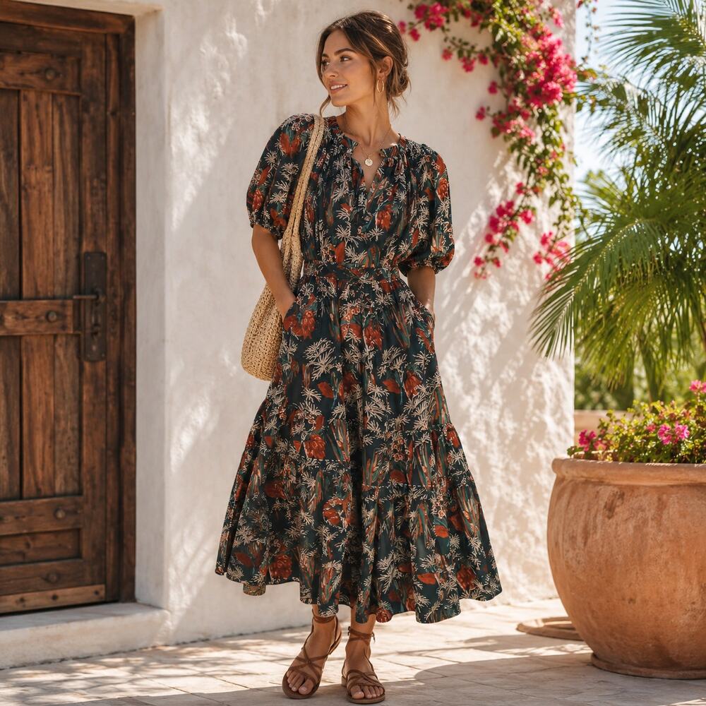 Ulla Johnson SZ 8 Olina Tiered Cotton Poplin Dress Anthurium Floral Pockets